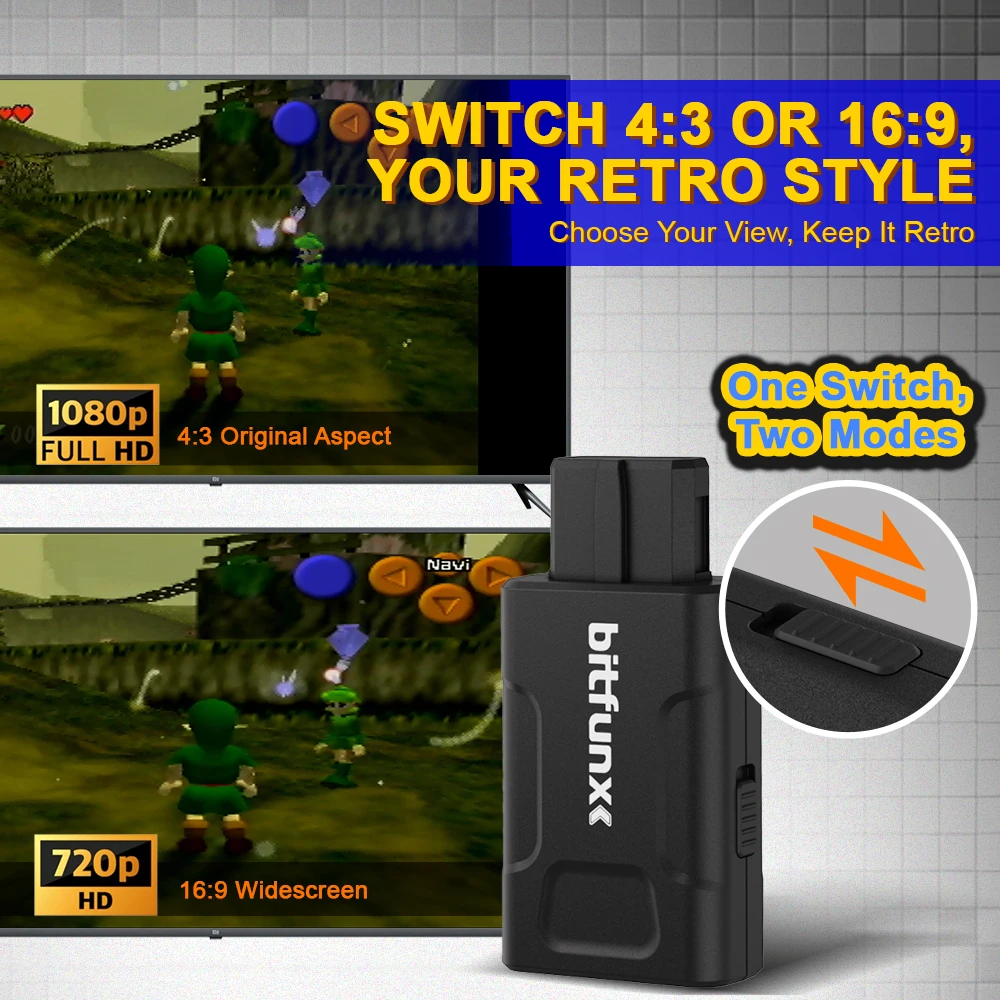 Bitfunx Mini 720P 1080P Adattatore HDMI 4:3/16:9 Composito S-Video automatico per console di gioco N64 SNES SFC NGC