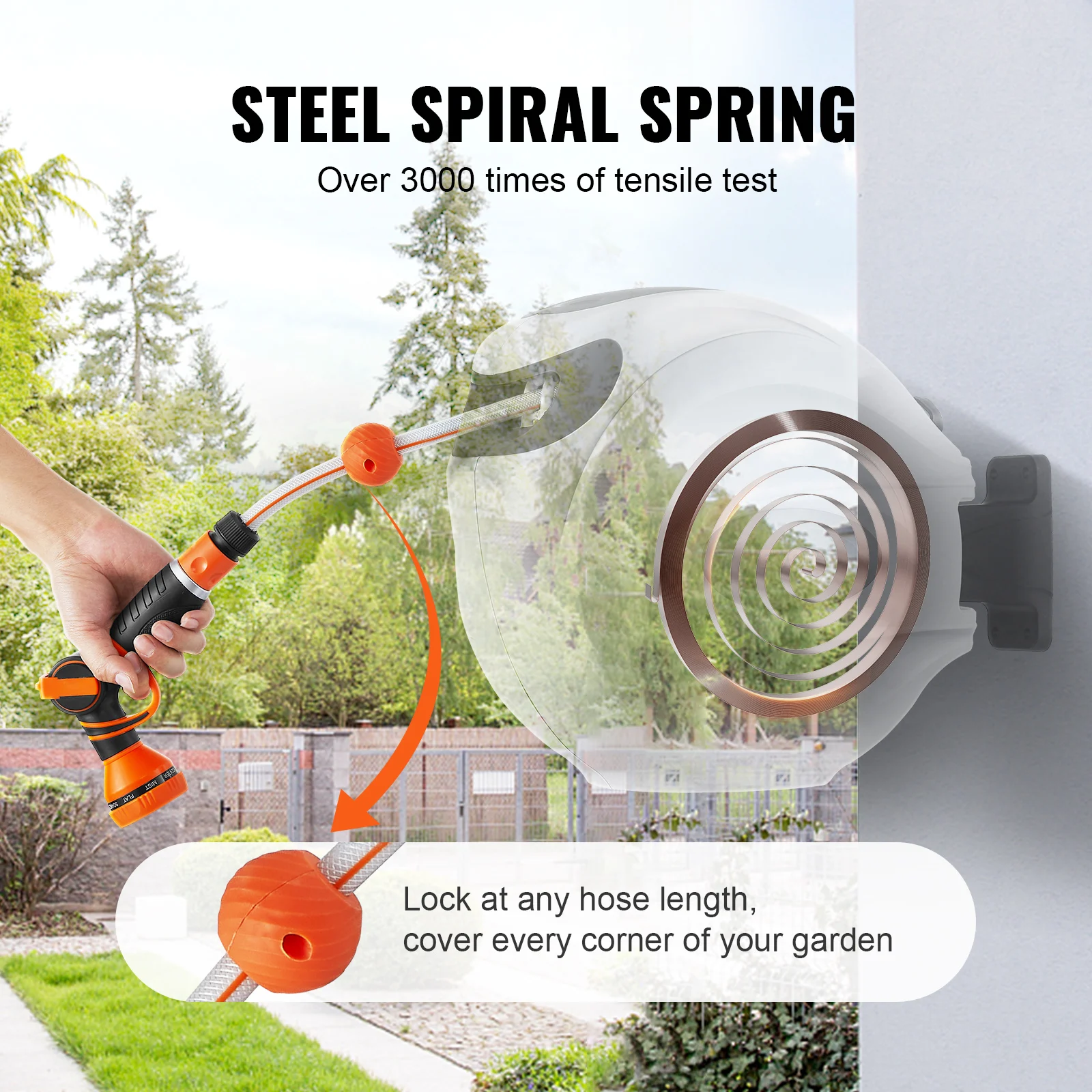 SucceBuy Retractable Hose Reel1/2 inch 180° Swivel Bracket Wall-Mounted Garden Water Hose Reel with 9-Pattern Nozzle and 3 Fast