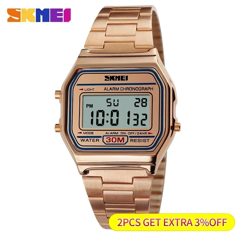 Reloj Digital Skmei 3Bar resistente al agua Reloj Hombre para deporte Casual 1123 moda hombres correa de acero inoxidable relojes con pantalla LED