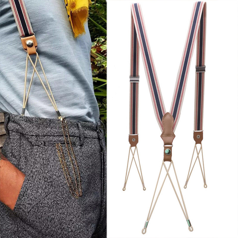 Tirantes de moda de 2,5 cm de ancho para hombres y adultos, cuero genuino recortado, extremo de botón Y espalda, tirantes elásticos ajustables para pantalones, cinturón