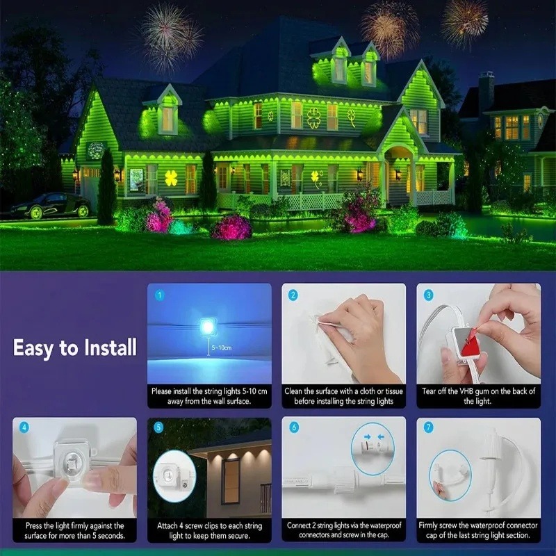 500FT Smart RGB Eave Lights App & Remote IP67 Permanent Outdoor LED String Lights Home New Year Christmas Birthday DIY Lighting