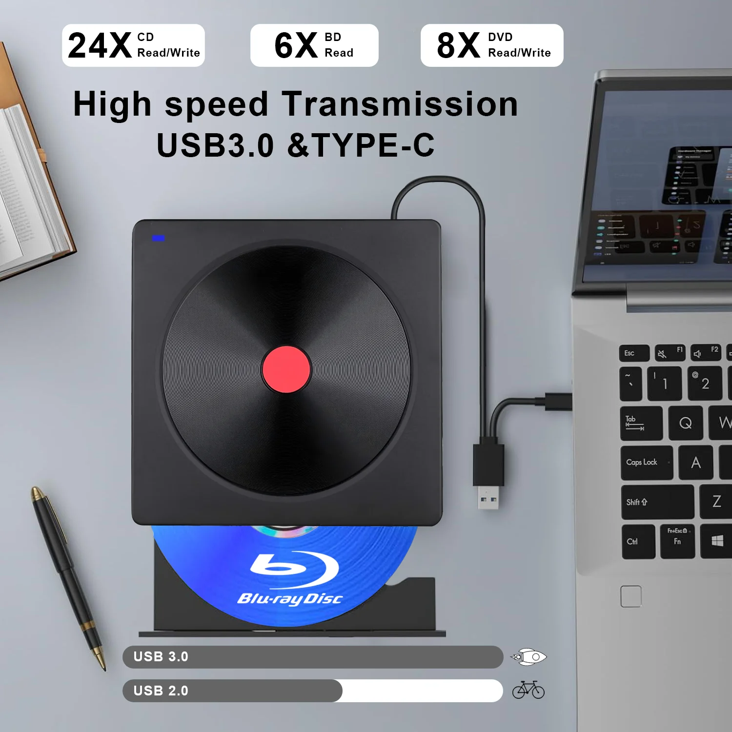 Externes Blu-ray-Laufwerk, USB 3.0- und Typ-C-BD-Lesegerät, DVD/CD-Brenner – tragbarer Blu-ray-Player für Laptop-PC, Windows/Linux/Mac OS