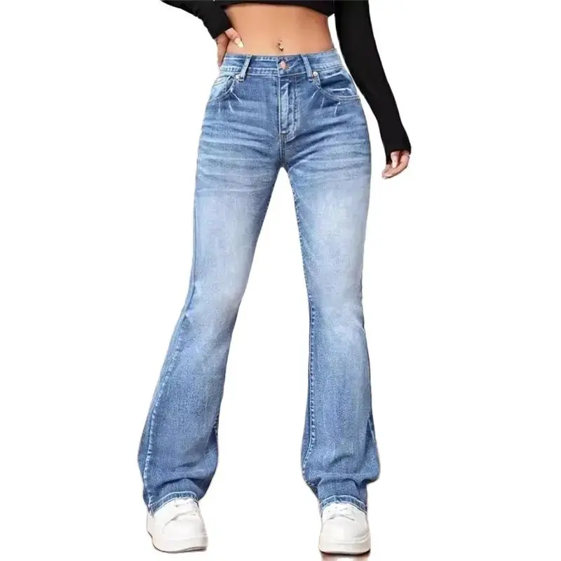 ผู้หญิงใหม่ Casual Micro Flares กางเกงยีนส์วินเทจกลางเอวปุ่ม Splice DENIM กางเกงสํานักงานหญิง COMMUTER กางเกงแนวโน้ม Streetwear