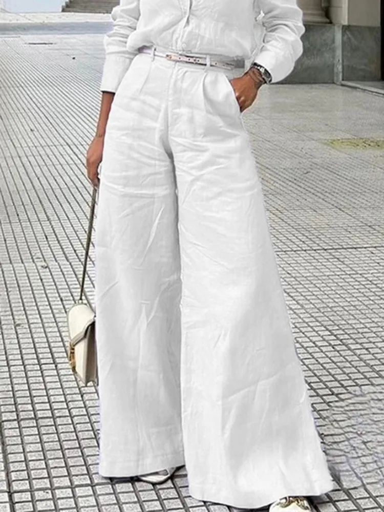 Bonboho Women's Cotton Linen High Waist Wide Leg Pants with Pockets 2025 Summer Minimalist Solid Color Casual Office Trousers