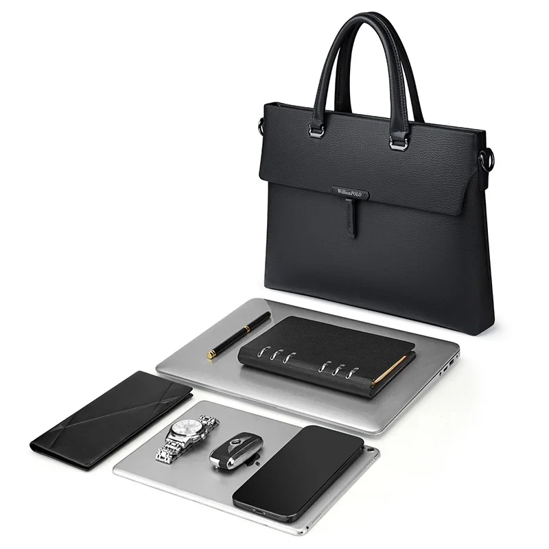 Valigetta da uomo Tote Strato superiore in pelle bovina Borsa per computer impermeabile da 14 pollici Borsa a tracolla singola con retro nero