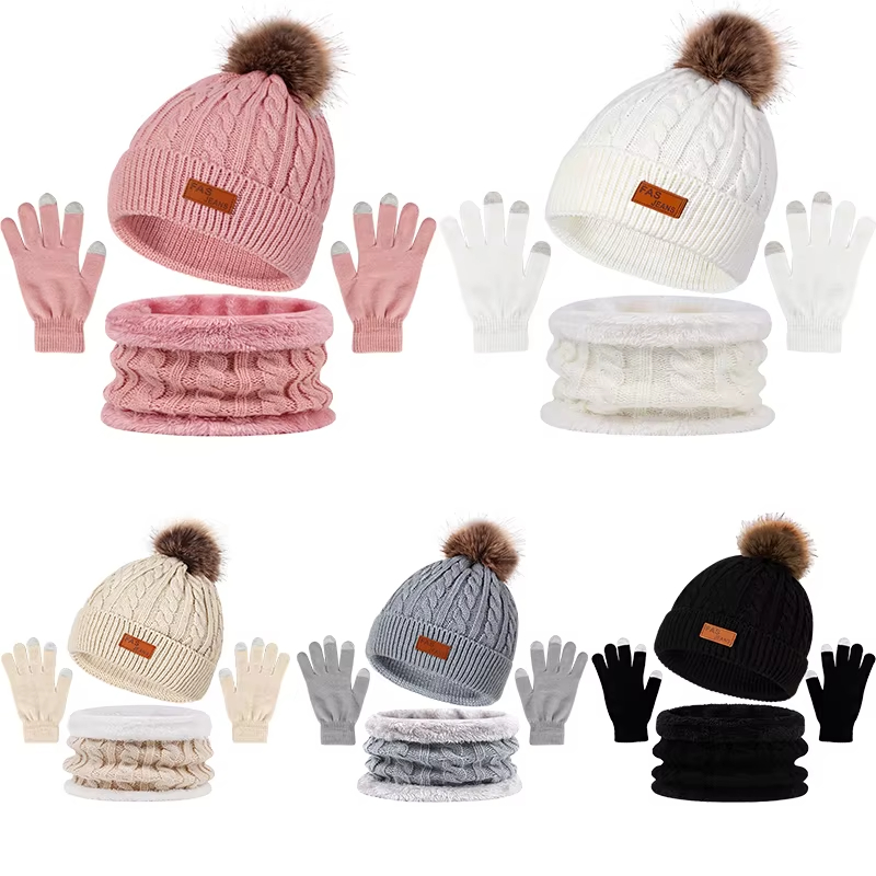 3 stks/set Vrouwen Muts Sjaal Handschoenen Nepbont Bal Tiener Meisjes Gebreide Beanie Halswarmer Pak Warme Oren Vrouw Cap set