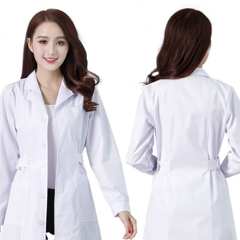 ผู้หญิงแฟชั่น Lab Coat แขนสั้นหมอพยาบาลแขนยาวเครื่องแบบทางการแพทย์เสื้อแจ็คเก็ตสีขาวเข็มขัดเอว