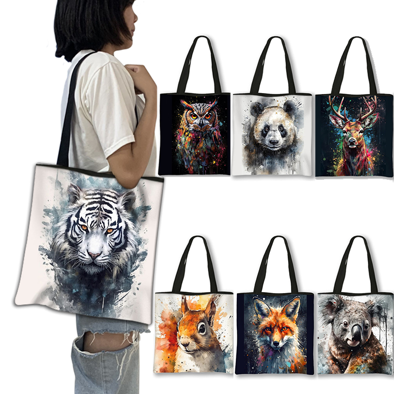 Bolsa de Ombro para Mulher Tigre, Panda, Pinturas Raposa, Bolsas Casuais, Eco, Reutilizável, Grande Capacidade, Bolsas de Compras, Presente