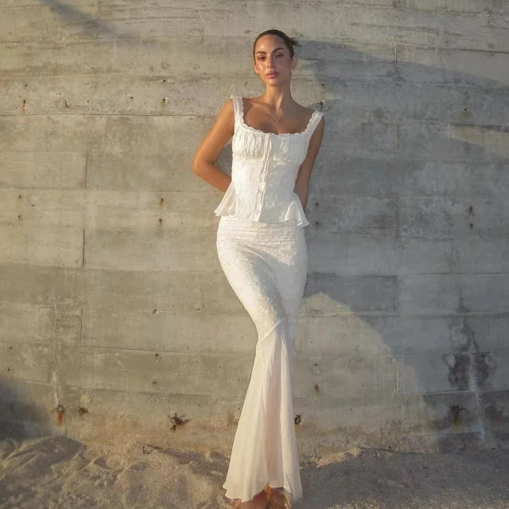 Minigmingxi 2024 nuevo en verano conjunto de vestido de 2 piezas conjunto de vestidos elegantes y hermosos conjunto largo Beige a juego falda de sirena Sexy