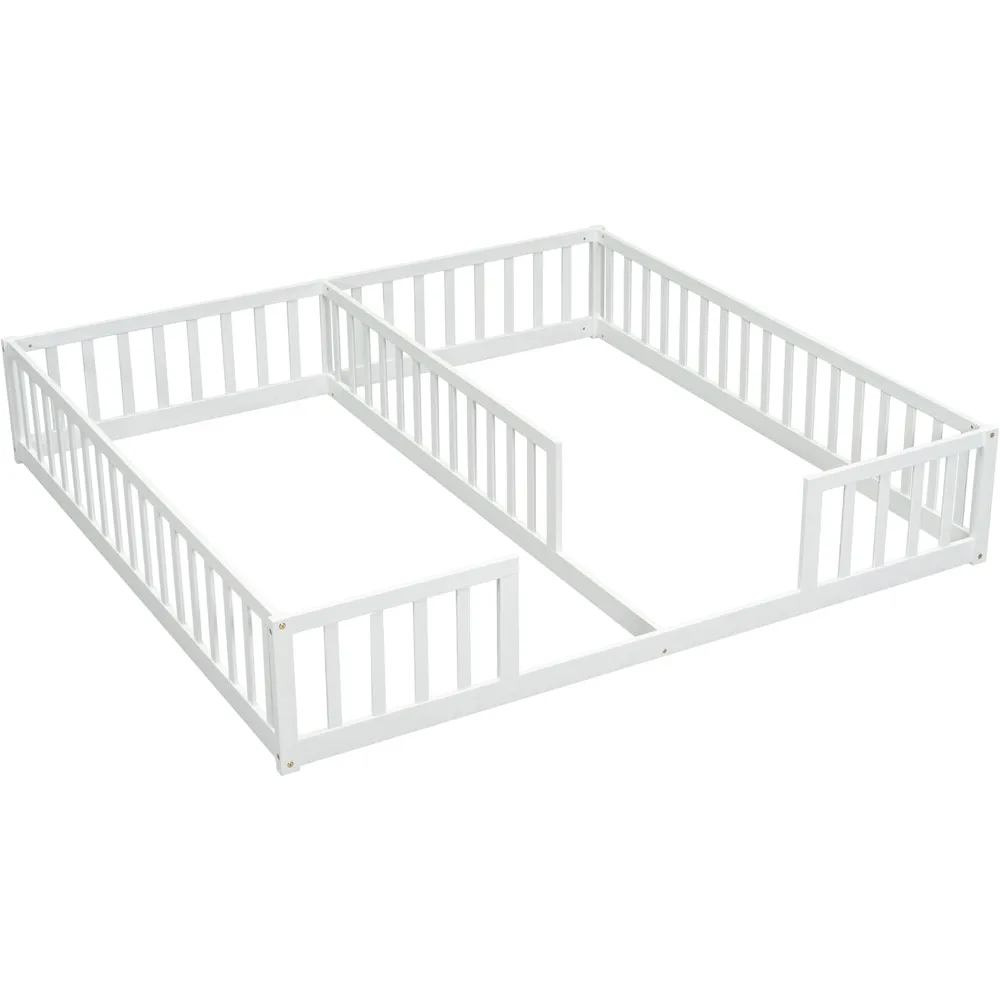 Size Double Frame Floor Bed with Fence, Montessori Floor Bed w/Safety Guardrails for Girls, Boys, No Box Spring Needed, White