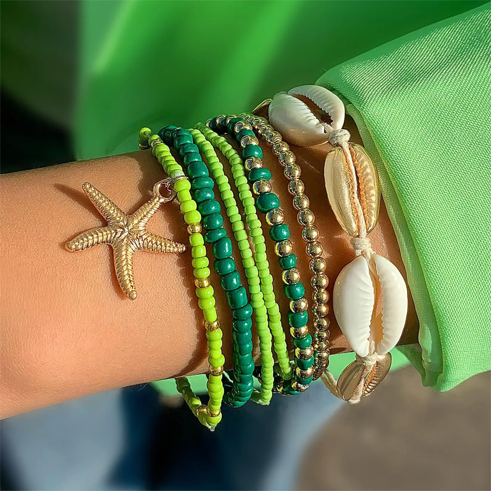 7Pcs Boho Sommer Seestern Armband Set Für Frauen Böhmischen Shell Reis Perlen Elastische Kette Armreif Mädchen Strand Schmuck Zubehör