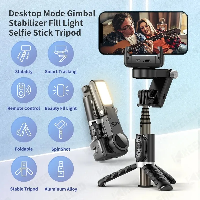 KEELEAD 360-Grad-Gimbal, Selfie-Stick-Stativ mit ferngesteuertem Fülllicht, folgende Aufnahme, Stabilisator für Smartphone Live/Vlog