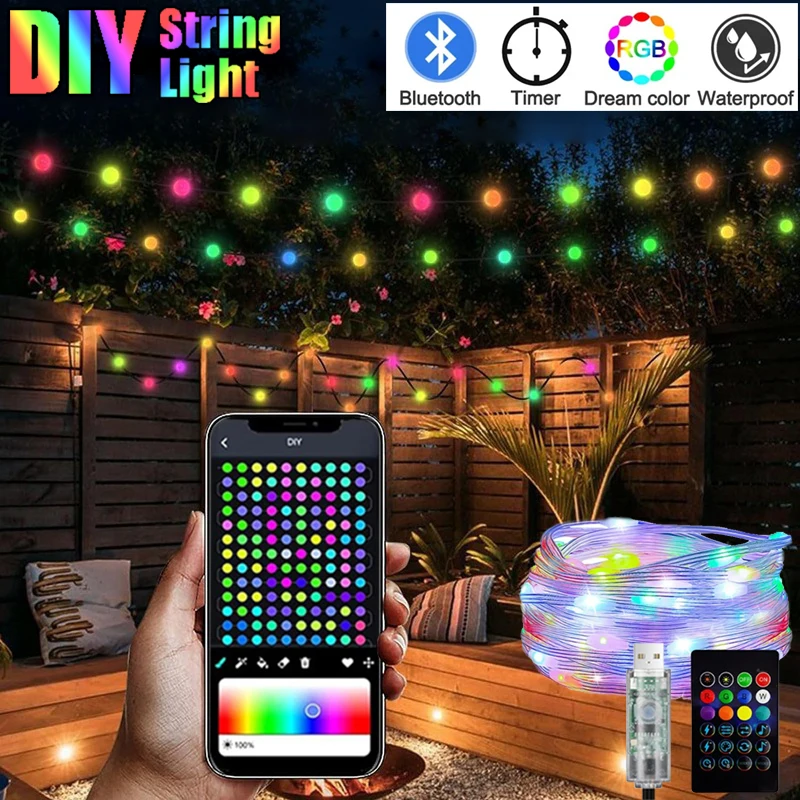 RBGIC Lichterkette, App-Steuerung, DIY-Lichterkette, Dekorationen, Bluetooth-Verbindungslichter, Raumdekoration für Weihnachten, Neujahr, Feiertage