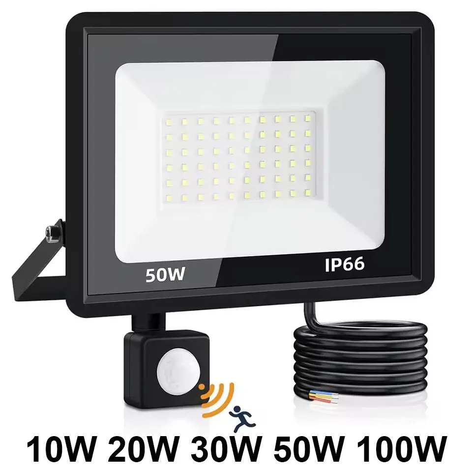 220V Led Floodlight 10W 20W 30W 50W 100W Outdoor Spotlight With Motion Sensor Detector Lamp External Headlight Focus Lighting