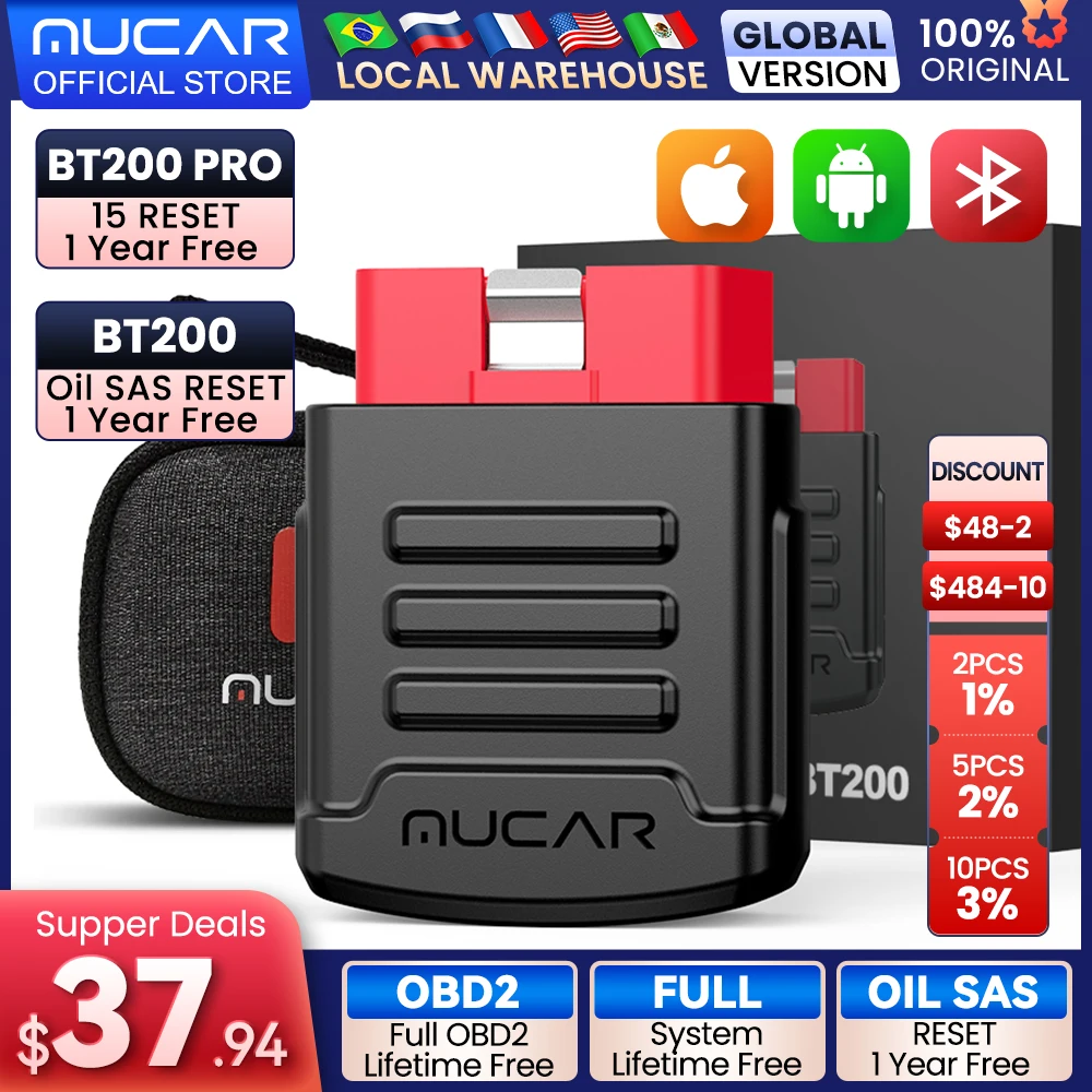 MUCAR BT200-herramientas de diagnóstico automotriz, escáner Obd 2, Bluetooth, Wifi, para todos los coches, probador Obd2, 15 reajustes de diagnóstico