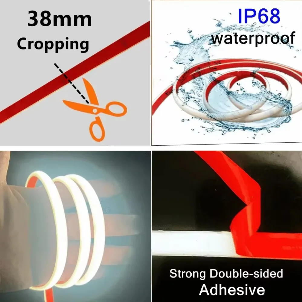Tira de luces LED COB impermeable de 30m y 220V, cinta adhesiva con enchufe europeo, lámpara de tubo de silicona flexible para el hogar, iluminación de jardín al aire libre, cálida IP68