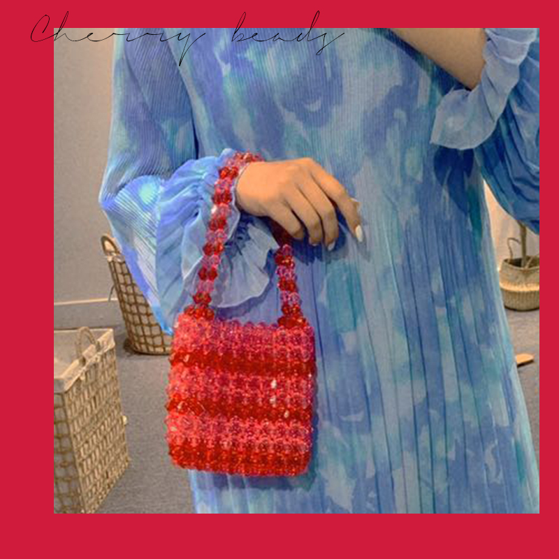 Cherry Color Transparent Bag Beautiful Handmade Beaded Own Designer Handbag Acrylic Hand-woven Beaded Crystal Pearl Clear Purses