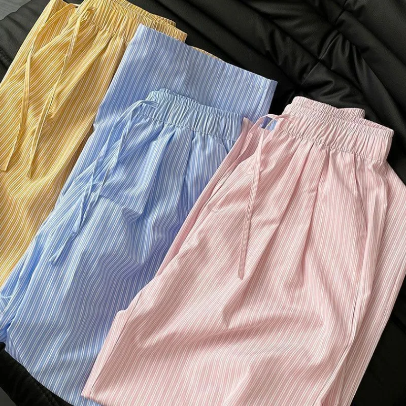Calças de comprimento total femininas listradas bolsos cordão cintura alta em linha reta solta verão respirável resistente ao desgaste ulzzang ol casual