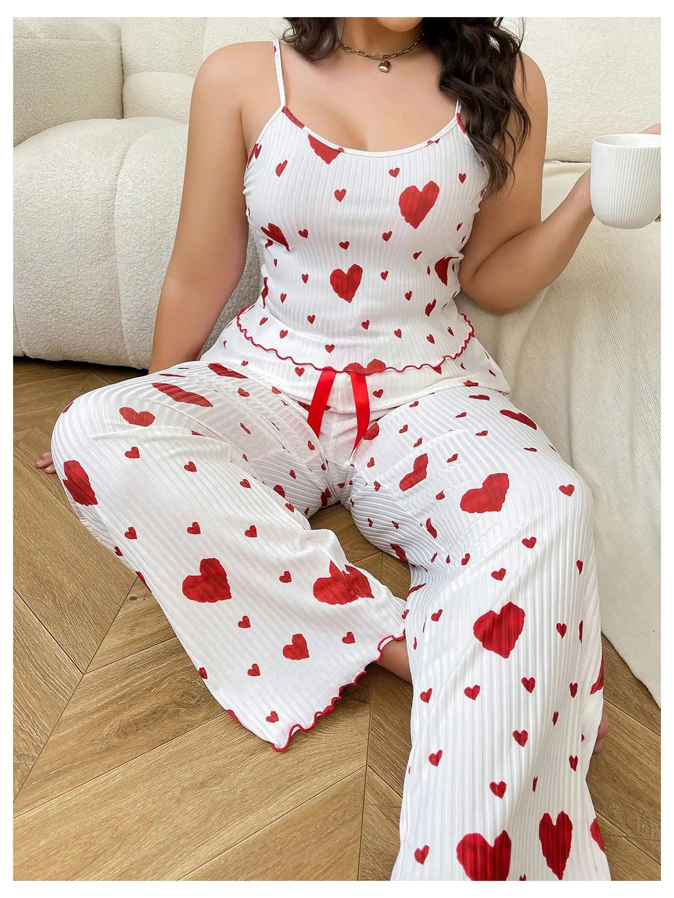 Conjunto de pijamas femininos plus size, 2 peças, colete sem mangas e calças, branco, macio, respirável, roupa de dormir casual, estampa de coração vermelho
