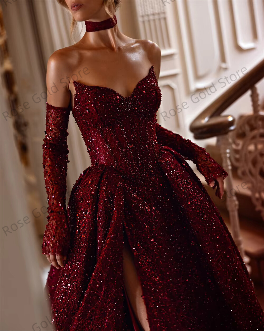 Exquisite Sequined Evening Dresses for Women Wine Red Beading Vestidos De Noche Wedding Party Princess Customized Wedding Dress