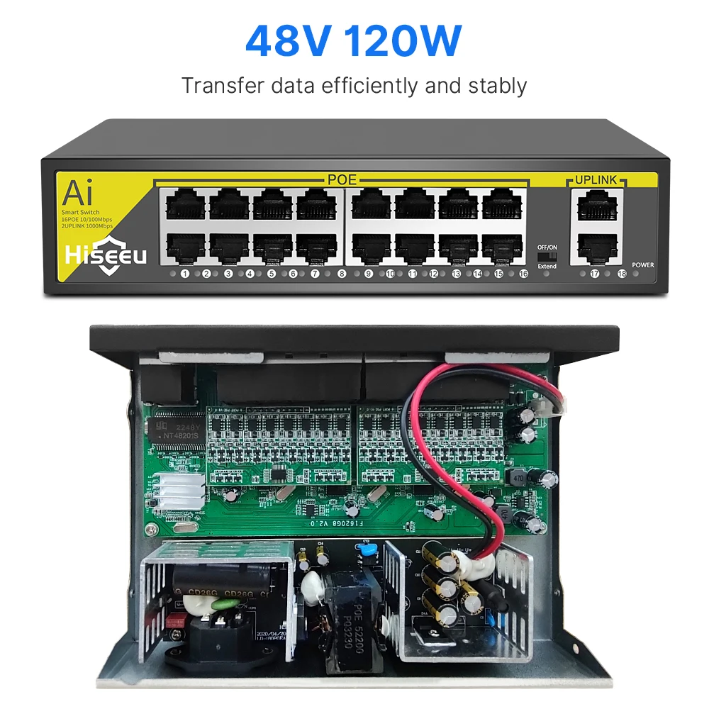Порт Hiseeu 48 в 8 / 16 POE коммутатор Ethernet 10/100 Мбит/с IEEE 802,3 af / at для IP - камер