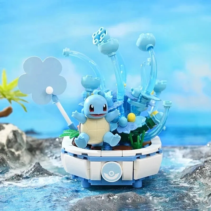 Pokemon Potted Bonsai Building Blocks Pikachu Charmander Squirtle ชุดอิฐของเล่น Creative Desktop ของขวัญตกแต่งสําหรับเด็ก