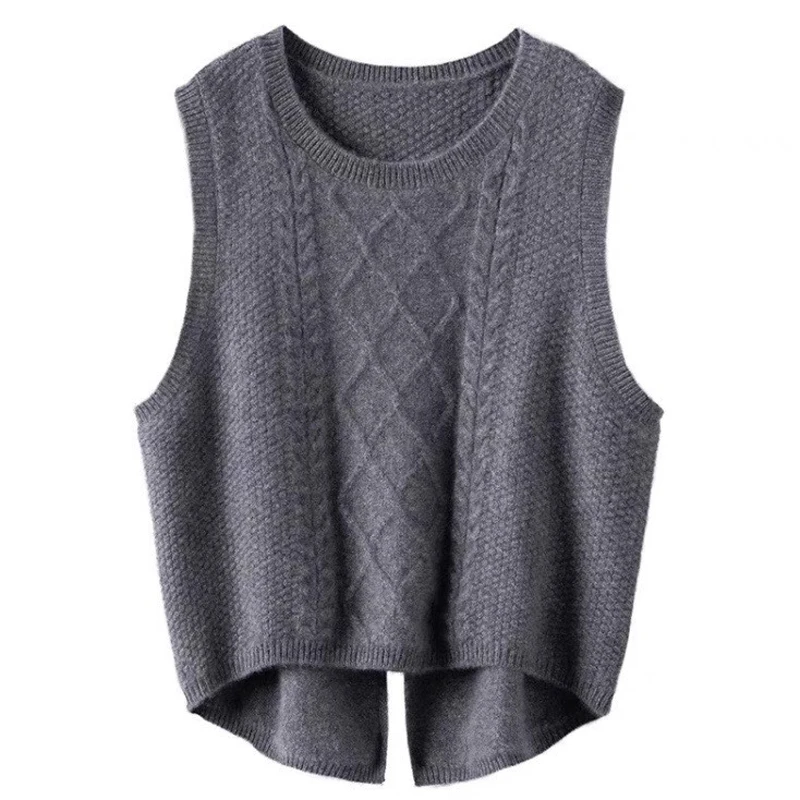 ใหม่ผู้หญิง 100% ขนสัตว์บริสุทธิ์รอบคอเสื้อกั๊กChic Tuxedoเสื้อกั๊กฤดูใบไม้ร่วงและฤดูหนาวแขนกุดDIYเสื้อกั๊กหลวมสั้นแยกถักเสื้อกันหนาว
