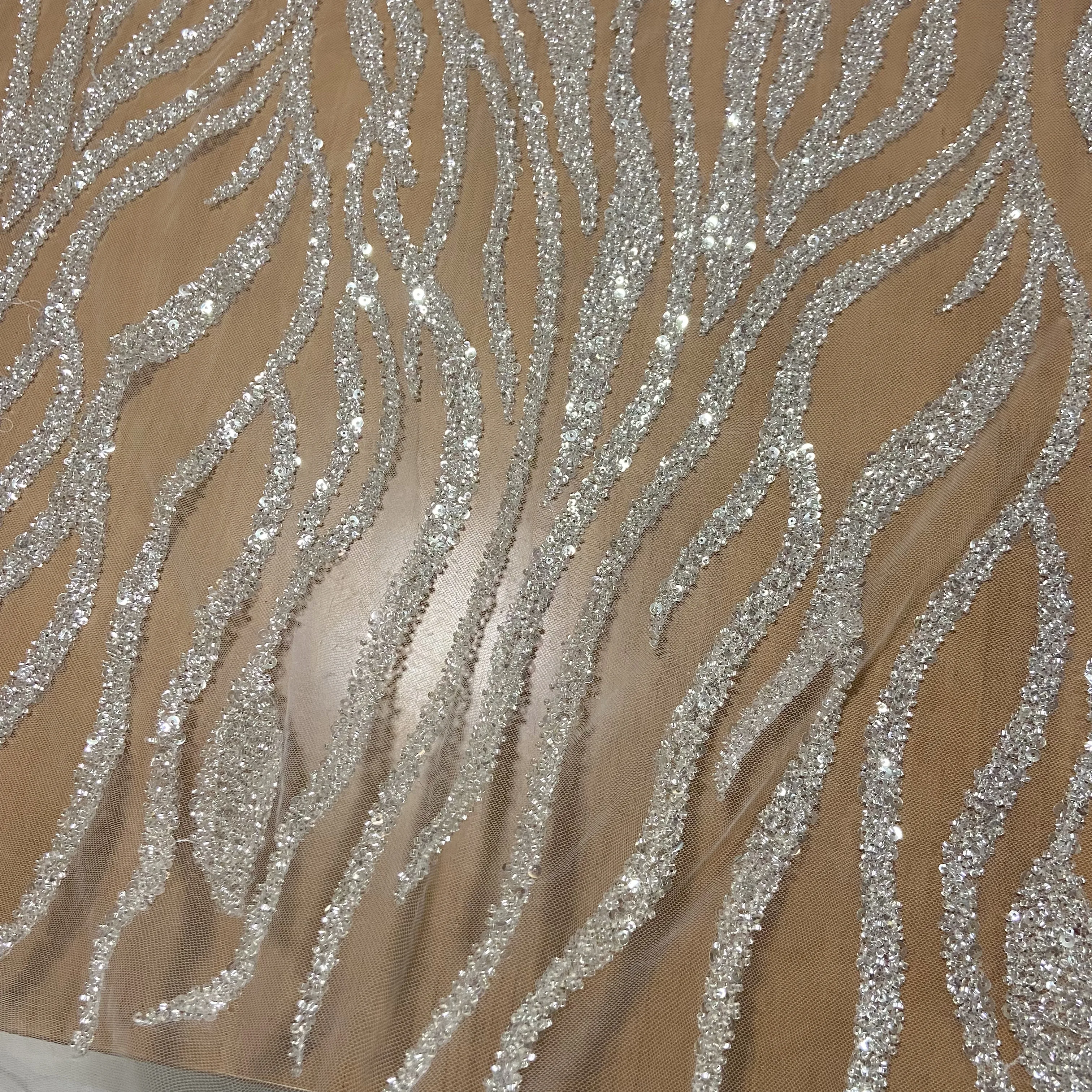 5Yard ใหม่ High-End เล็บลูกปัด Sequins ผ้าลูกไม้คริสตัลเงินชุดแต่งงาน