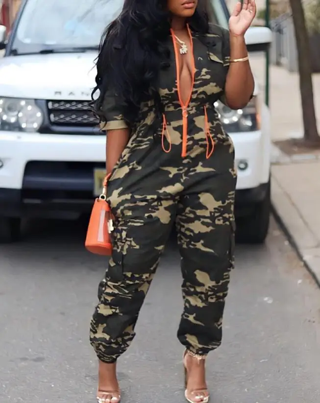 Monos de moda para mujer, mono informal de una pieza con estampado de camuflaje y bolsillo con cremallera, ropa de calle Y2K, verano 2025