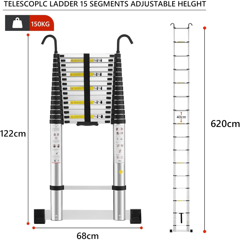Escalera Telescópica de 6,2m de Aluminio, Pliable, Escalera Extensible con Barra de Equilibrio con Reposabrazos Extraíble, Mu