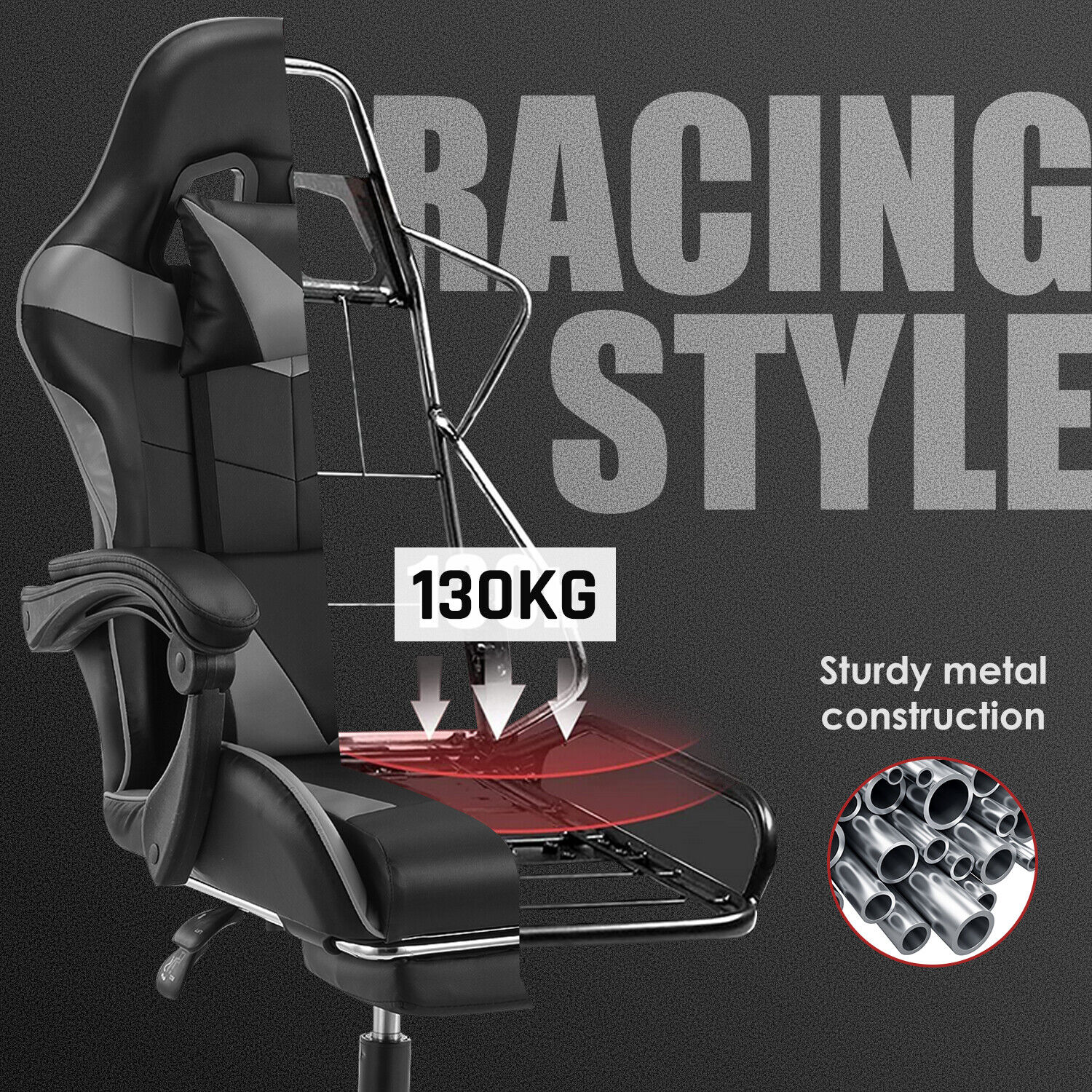 Ergonomic Gaming/Office Swivel Computer Chair with Adjustable Footrest & Racing Style PU Leather Design (Grey) 