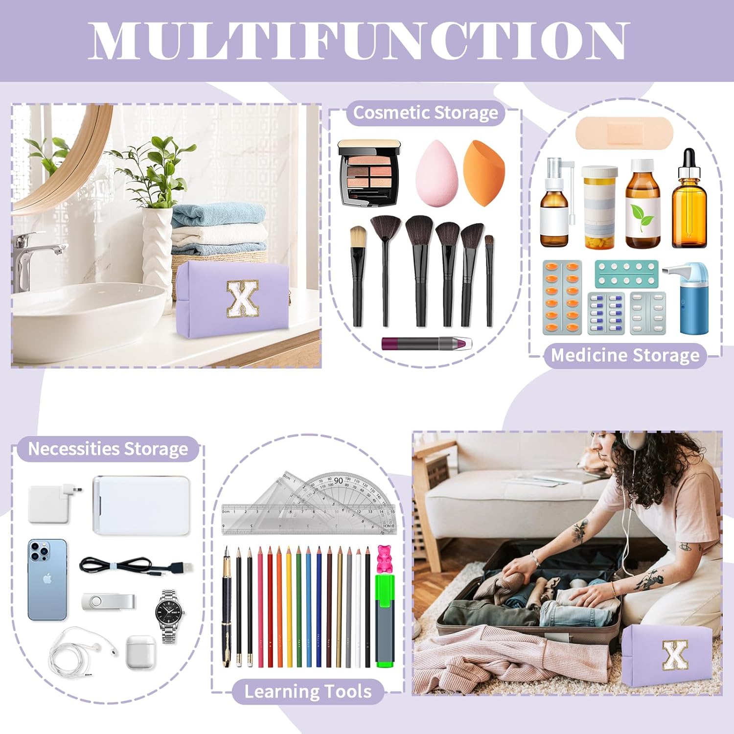 Bolsa de maquillaje con letras bordadas moradas, bolsa de almacenamiento, bolsa de lavado de viaje, herramienta de maquillaje para lápiz labial, bolsa de clasificación multifuncional-LJX