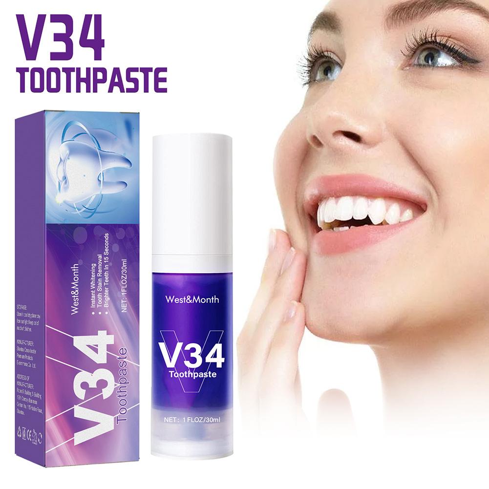 V34 pasta de dientes blanqueadora púrpura eliminación de manchas de dientes limpieza higiene bucal blanqueamiento herramientas dentales aliento fresco cuidado de los dientes 30ml