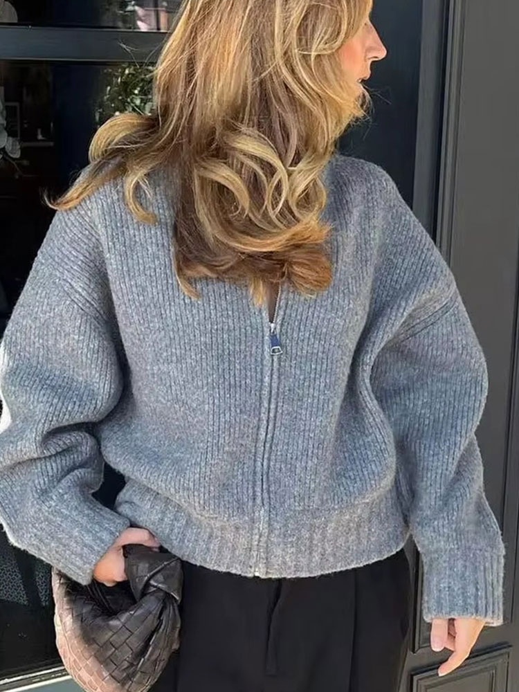 HH Frauen Vintage Einfarbig Mantel Langarm Rundhals Pullover Jacke 2024 Frühling Weibliche Casual Zipper Pullover Mäntel