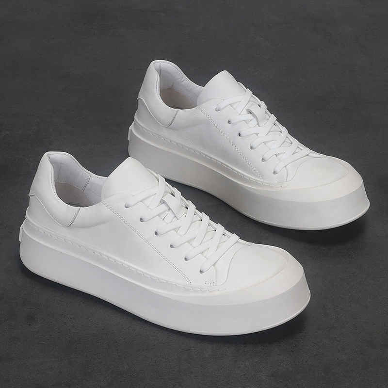 Sepatu kulit bundar pria, Kasut kasual tahan aus sol tebal kepala bulat nyaman Low-top modis