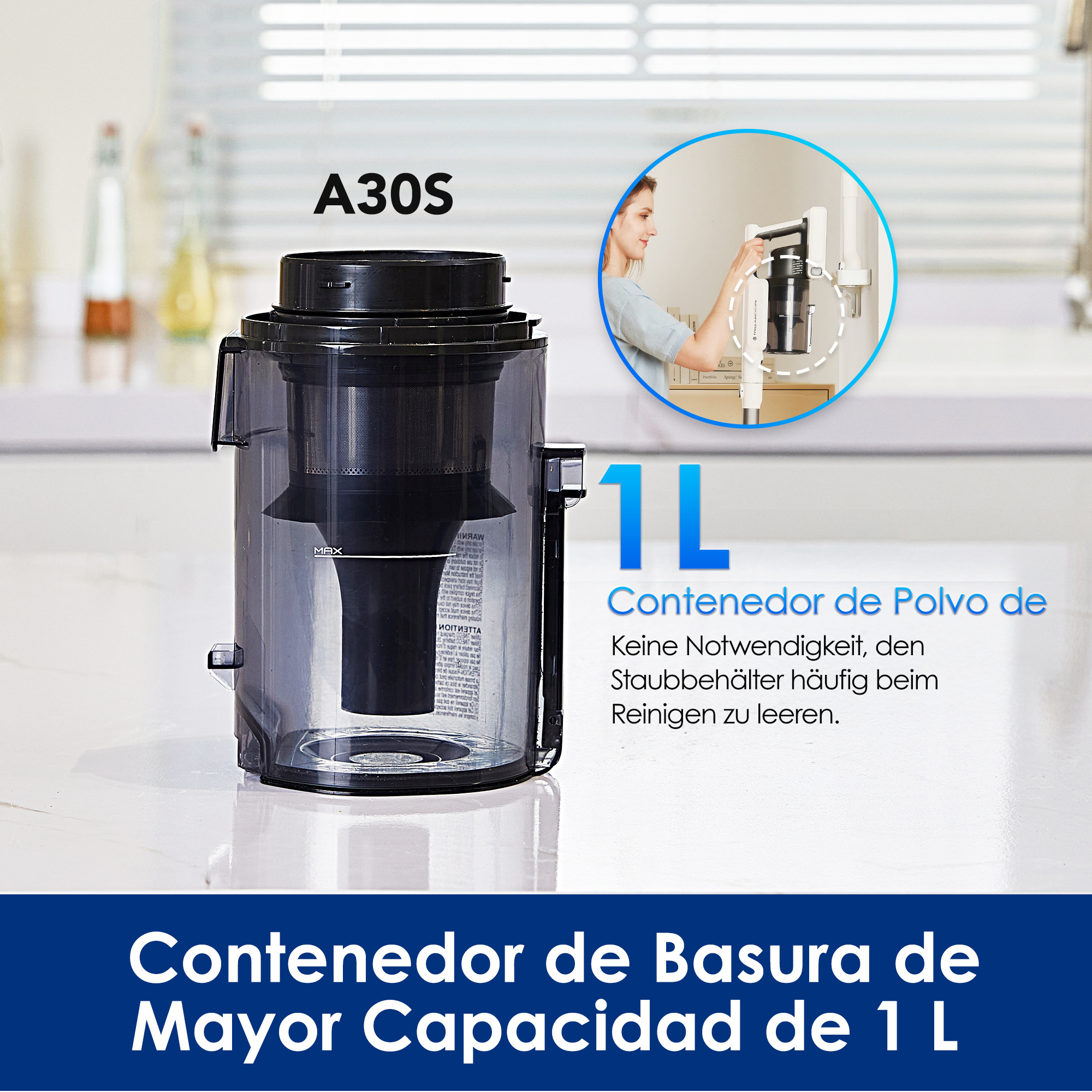 Tineco aspiradora de varilla inalámbrica A30S, tiempo de ejecución de 60 minutos, cubo de basura de 1L, cepillo sin enredos, faro LED PureCycle Tech