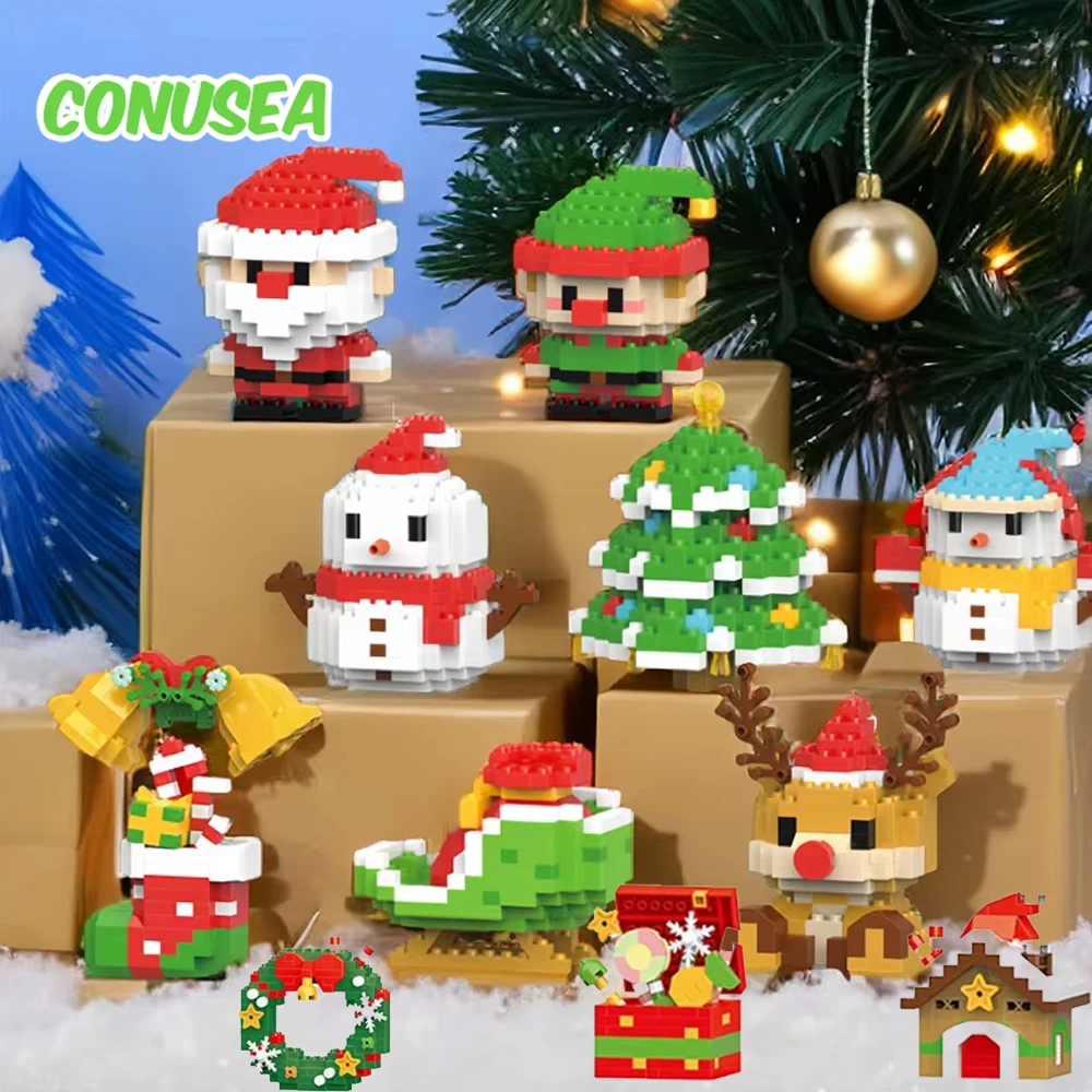Natal Micro Building Block Series para crianças, Papai Noel, rena, quebra-cabeça, montagem de tijolos, brinquedos de decoração de mesa