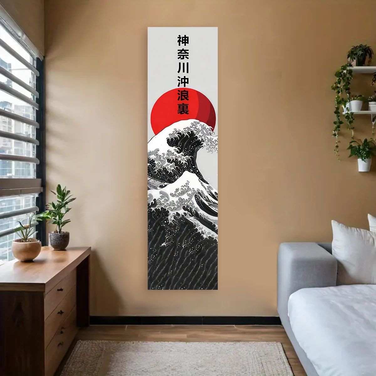 Tapiz japonés para decoración de pared de olas del océano, sol rojo y ondas del océano, tapiz estético de paisaje, colgante de pared, decoración de la habitación del hogar