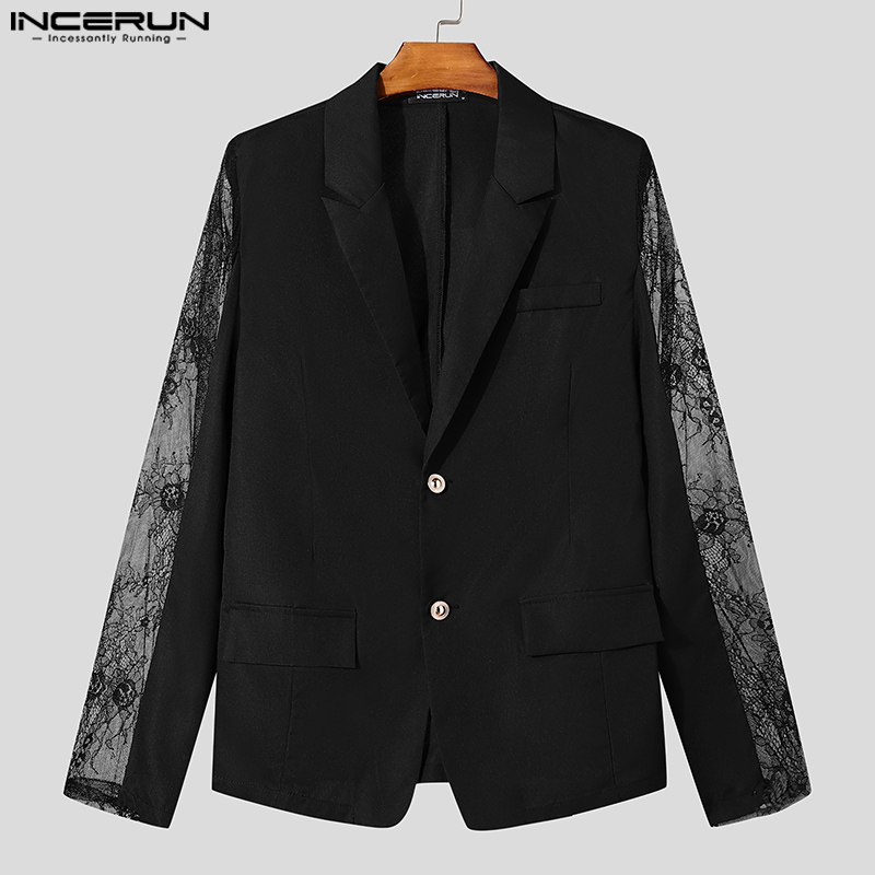 INCERUN Blazer lengan panjang kasual pria, jaket pas badan dengan kancing tampan tembus pandang harian sederhana, Blazer bertali 2024