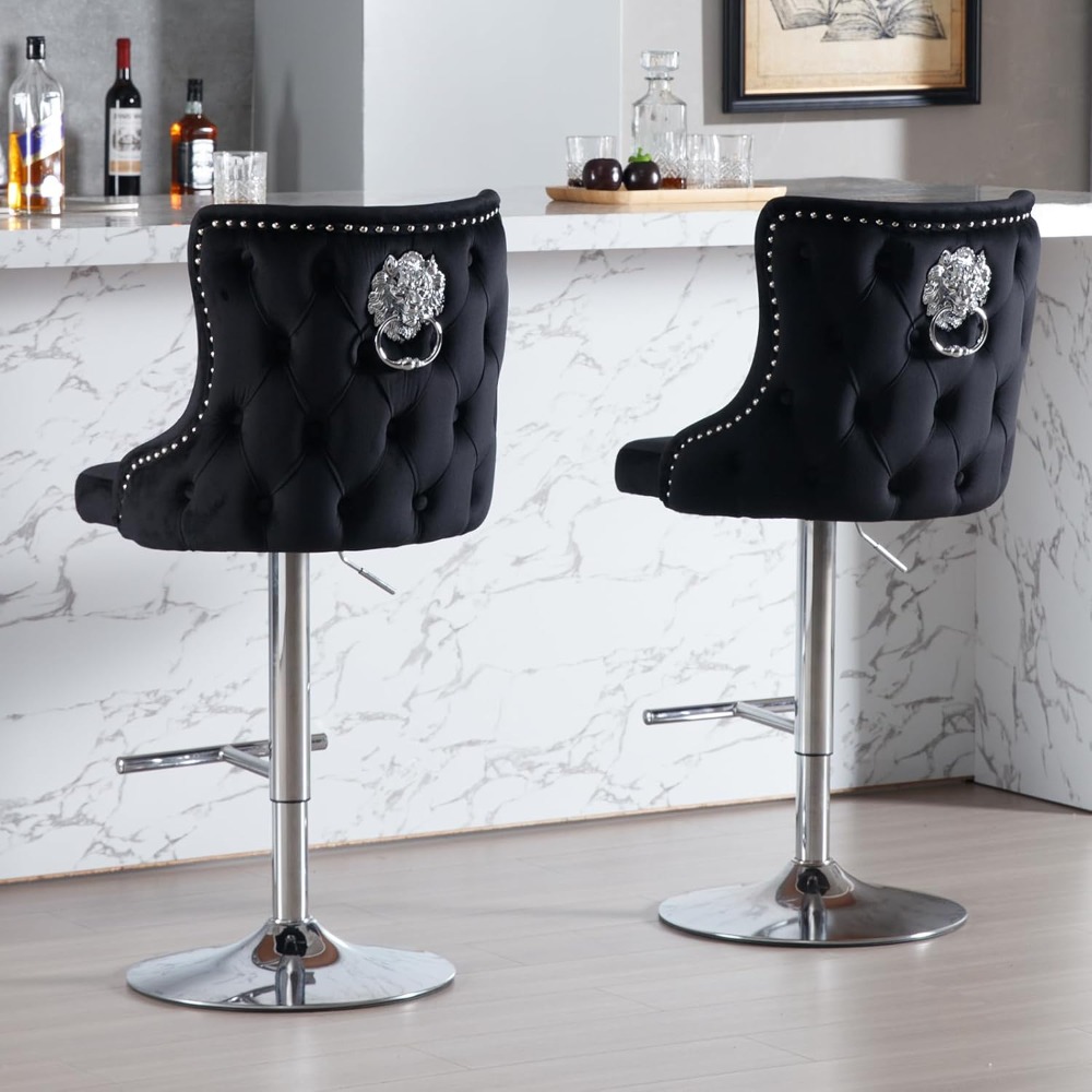 Modern Velvet Bar Stools Set of 2, Counter Stools with Lion Knocker, Height Adjustable