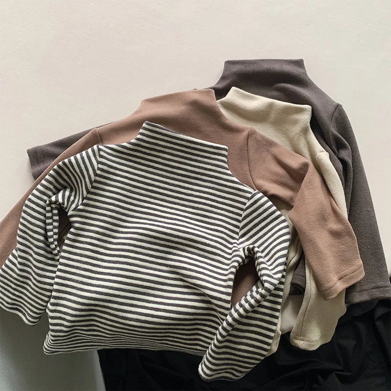 Autumn Winter Children T-Shirts 1-6Y Boys Girls Turtleneck Warm Striped Long Sleeve T Shirts Tops Tees Toddler Wear Kids Clothes