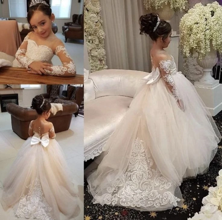 BABYONLINE Luxurious Lace Flower Girl Dresses | Sheer Long Sleeves, Big Bow & Royal Tulle Skirt for Weddings