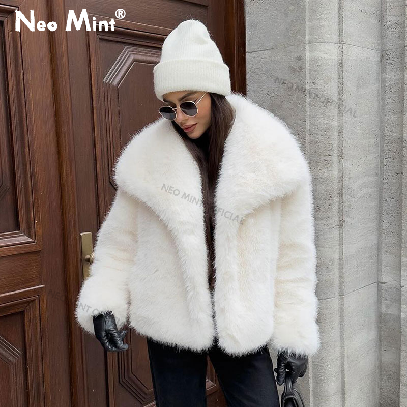 Neo Mint Chic Street Furry Collar Faux Fur Coat Women 2024 Winter Hot Girls Snow White Mountain Fashion Fluffy Fox Fur Coat