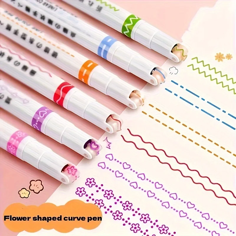 6 pçs/set flor linha forma marcador caneta rolo ponta curva forro marcador kawaii coreano papelaria escola material de escritório presentes
