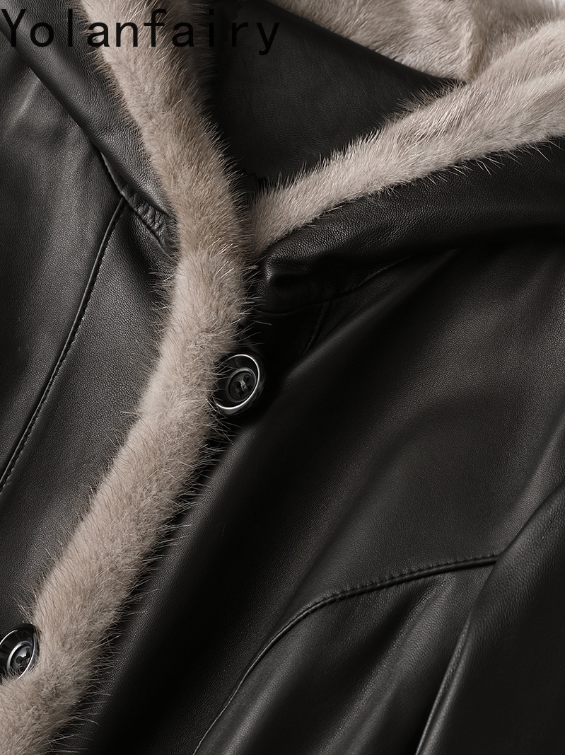 YOLANFAIRY 100% véritable peau de mouton en cuir véritable veste femmes à capuche hiver longues doudoune col de fourrure de vison noir manteaux bouffants