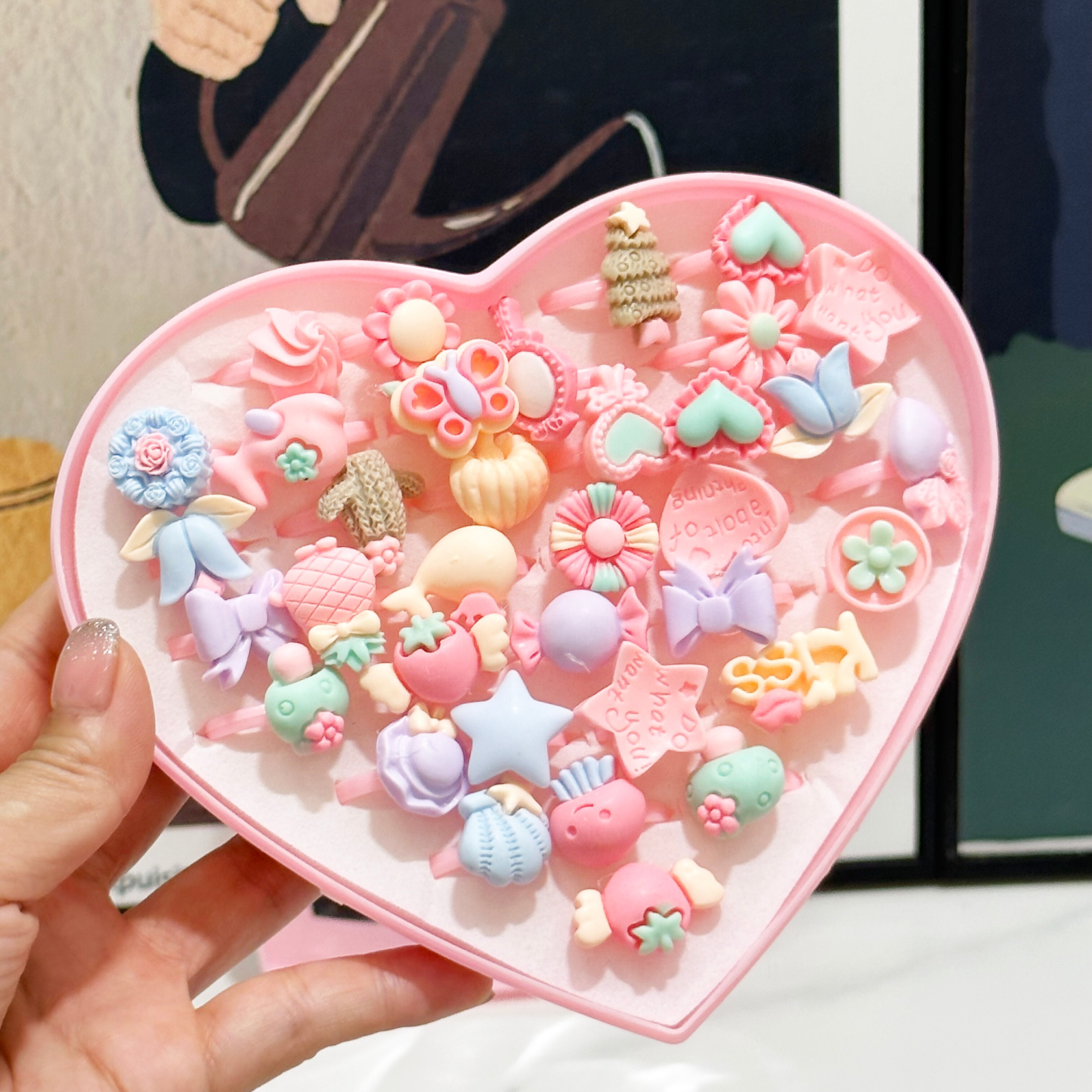 36個キッズかわいいリング樹脂漫画花の形調節可能リングセットクリエイティブアクセサリー女の子ギフト