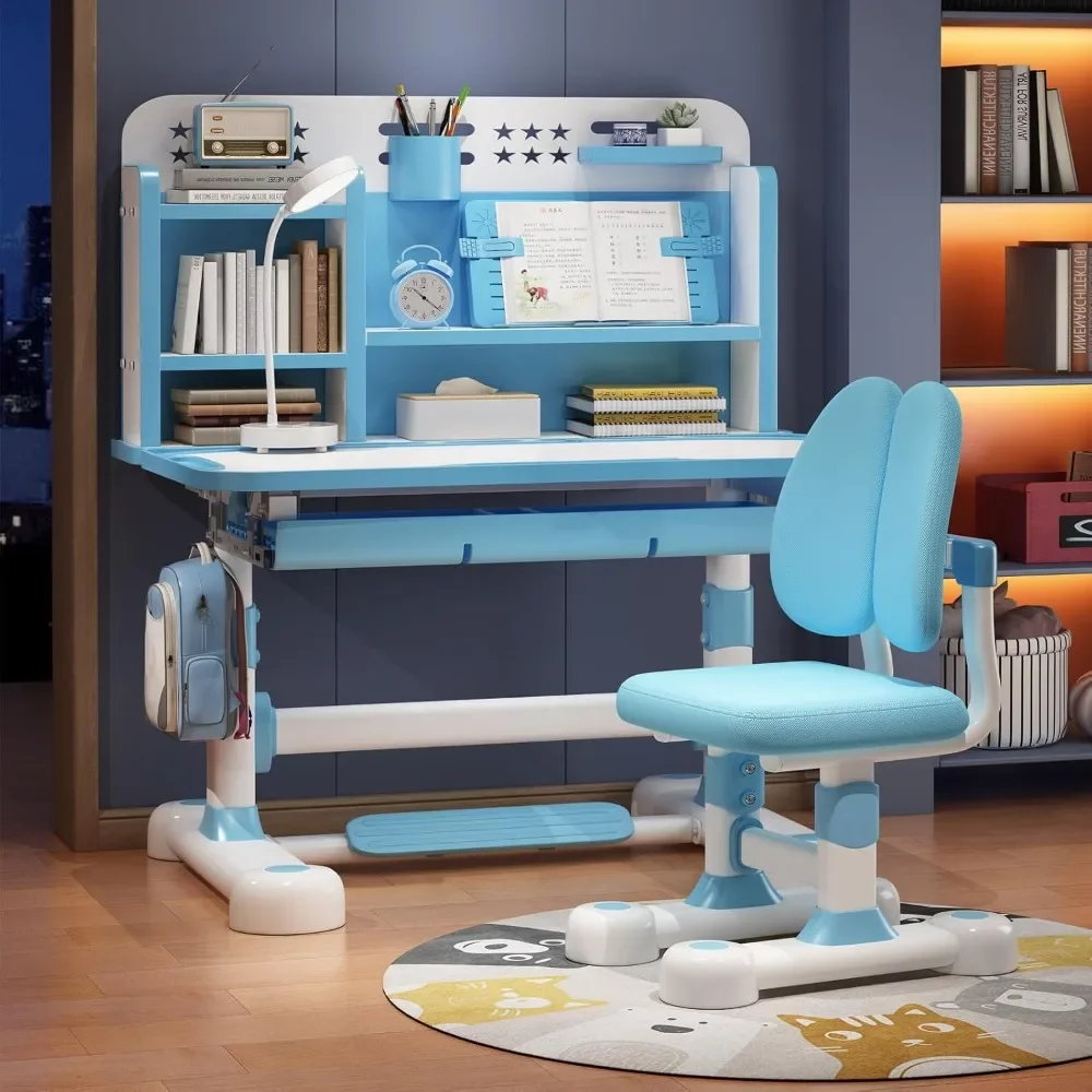 Small Desk, Kids Study Desk Chair Set, Height Adjustable Children School Study Table Chair Set with Sitting Corrector