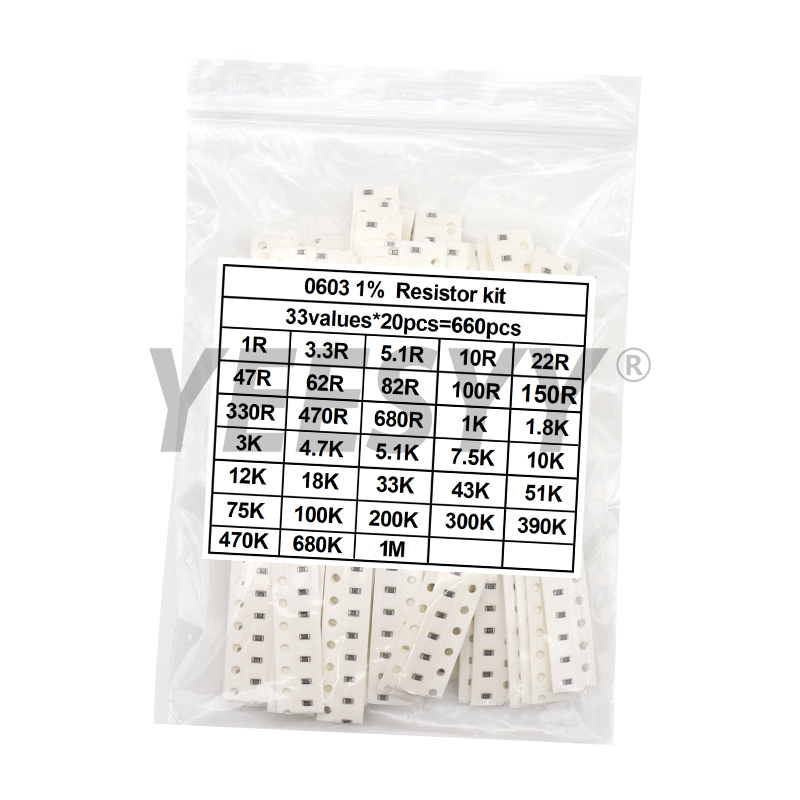 660 Uds 0603 0805 1206 0402 0201 1% Kit surtido de resistencias de Chip SMD 1R - 1M ohm 33valuesX20pcs juego de muestras de resistencia