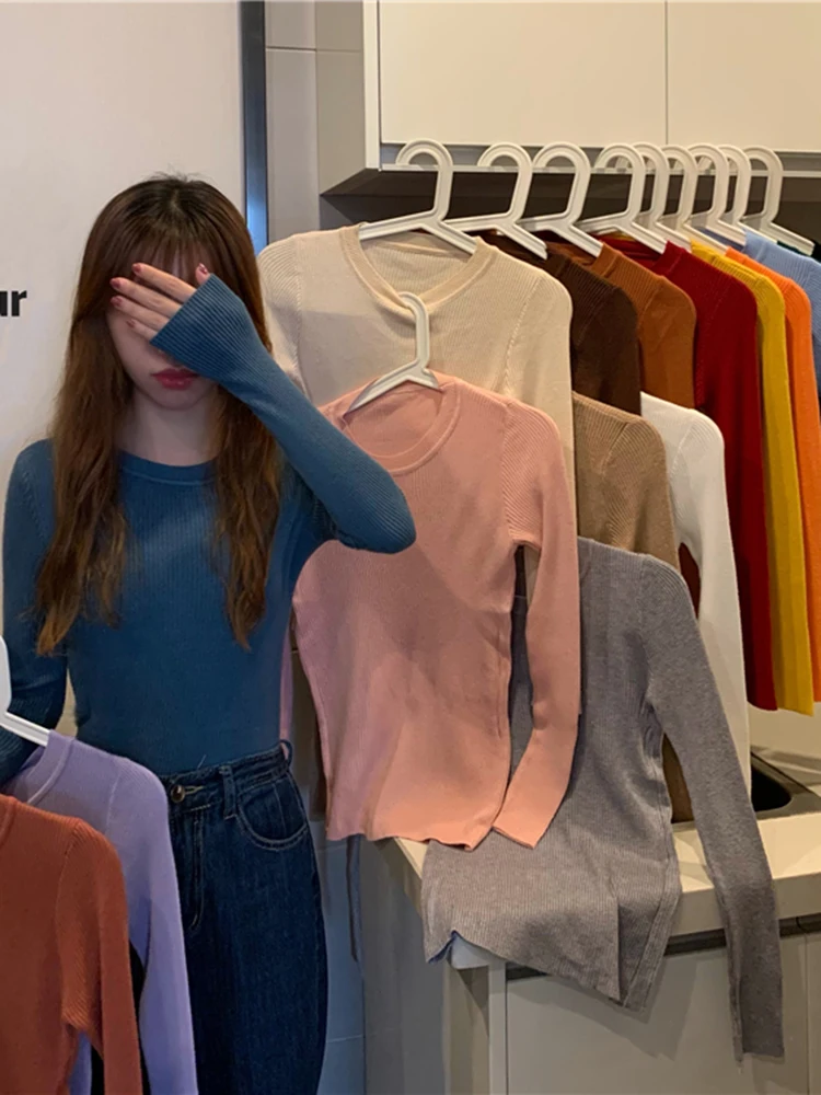 2025 เสื้อกันหนาวผู้หญิงใหม่ฤดูใบไม้ร่วงฤดูหนาวเสื้อแขนยาว Basic TOP แฟชั่น O-คอยืดหยุ่นหญิงฤดูหนาวถักจัมเปอร์