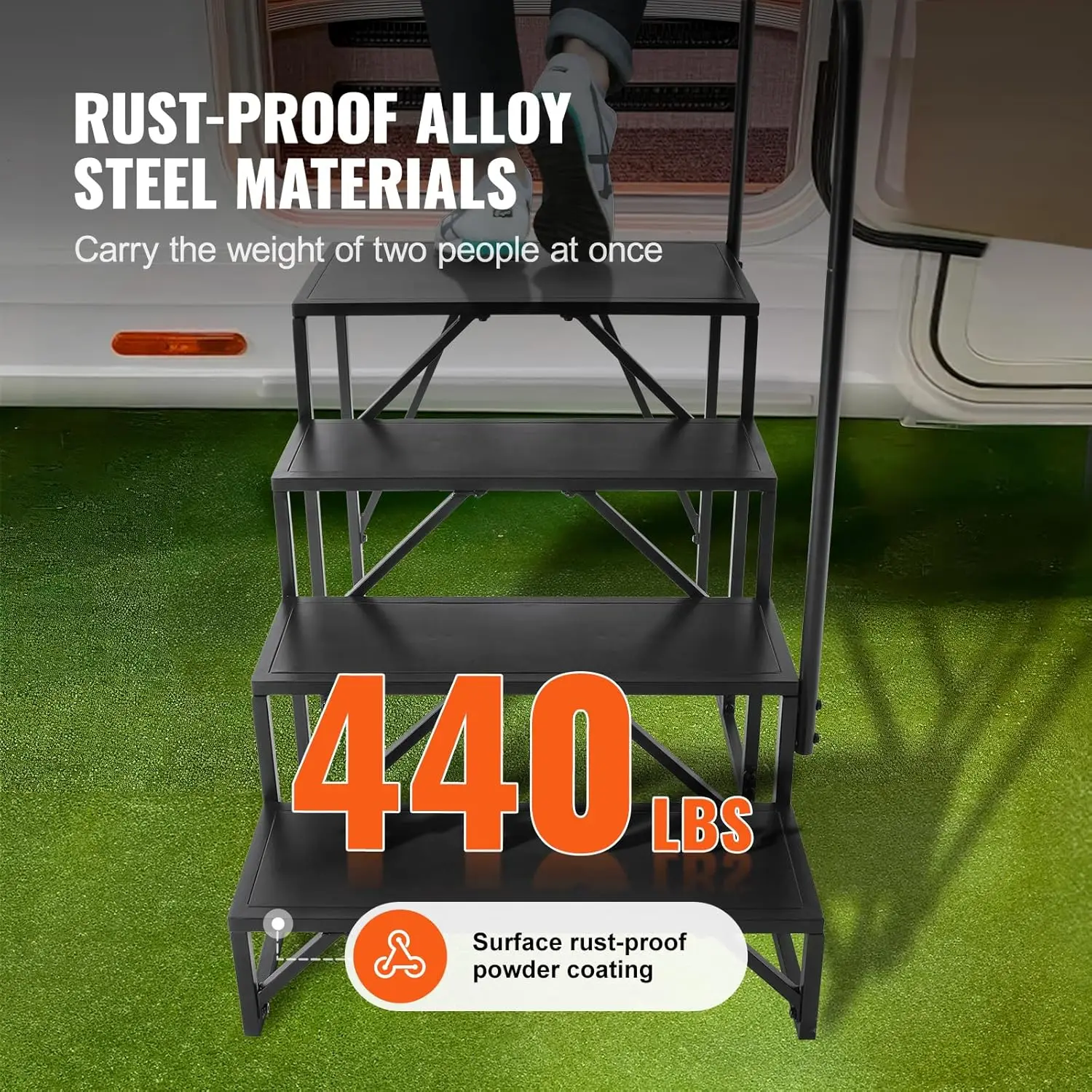 RV Steps, 4-Step RV Stairs, 440 LBS Load Capacity, Thickened Carbon Steel, with Handrail, Non-Slip Steps for Safe Entry and Exit